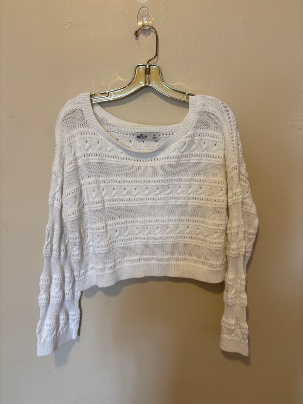 Hollister White Open-Knit Cropped Crewneck Sweater